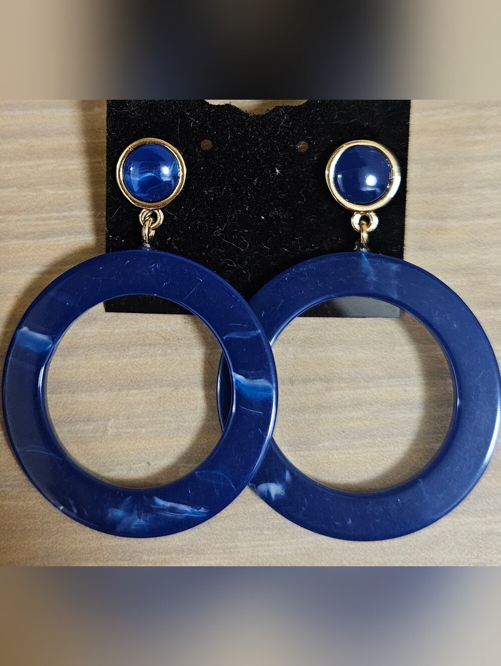 Vintage dark blue marbled resin hoop earrings Post Round Hoops Hoops Gold Tone